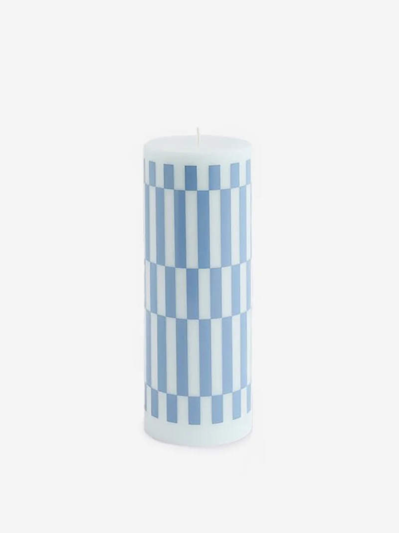 Image of HAY Column Candle Large - Light Blue And Dusty Blue Check