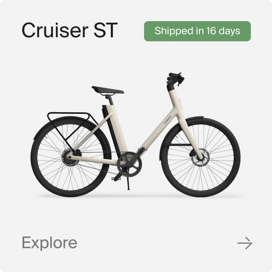 A graphic composition showing a Cowboy Cruiser ST bike. Text in the image reads "Cruiser ST", "Shipped in 16 Days" and "explore".