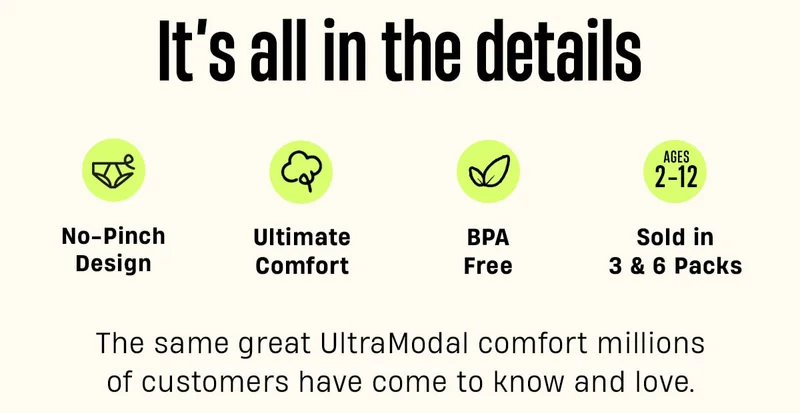 It's all in the details | No-Pinch Design | Ultimate Comfort | BPA Free | Sold in 3 & 6 Packs | The same great UltraModal comfort millions of customers have come to know and love. It's all in the details | No-Pinch Design | Ultimate Comfort | BPA Free | Sold in 3 & 6 Packs | The same great UltraModal comfort millions of customers have come to know and love.
