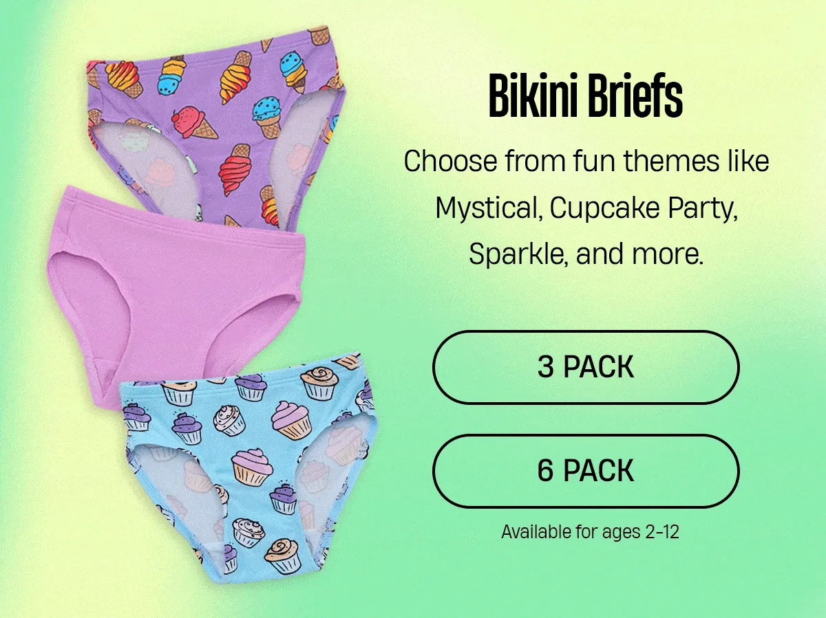 Bikini Briefs | Choose from fun themes like Mystical, Cupcake Party, Sparkle, and more. | 3 Pack | 6 Pack | Available for ages 2 - 12 Bikini Briefs | Choose from fun themes like Mystical, Cupcake Party, Sparkle, and more. | 3 Pack | 6 Pack | Available for ages 2 - 12