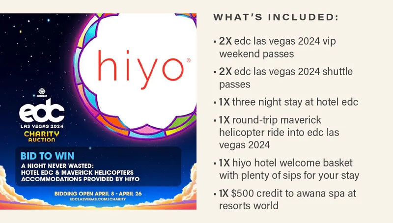 WHAT'S INCLUDED: 2x edc las vegas 2024 vip weekend passes; 2x edc las vegas 2024 shuttle passes; 1x three night stay at hotel edc; 1x round-trip maverick helicopter ride into edc las vegas 2024; 1x hiyo hotel welcome basket with plenty of sips for your stay; 1x $500 credit to awana spa at resorts world.
