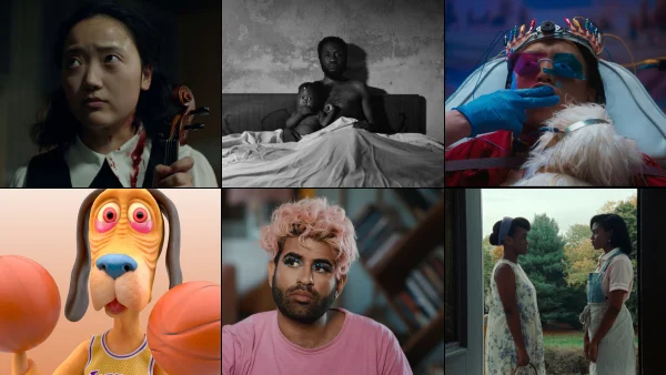 Film grid of Festival shorts. From top left going clockwise: Shé Snake, Dreams Like Paper Boats, The
Rainbow Bridge, Larry, ALOK, Grace.