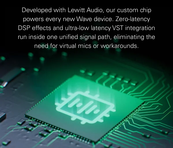 Developed with Lewitt Audio, our custom chip powers every new Wave device. Zero-latency DSP effects and ultra-low latency VST integration run inside one unified signal path, eliminating the need for virtual mics or workarounds.