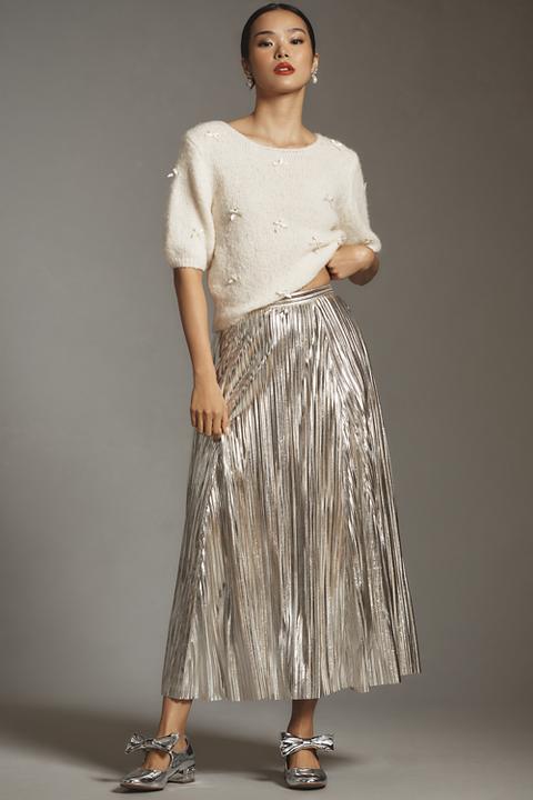 By Anthropologie Metallic Pleated Midi Skirt
