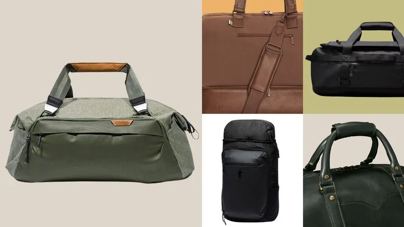 Collage of weekender bags on colored grid backgrounds. Collage of weekender bags on colored grid backgrounds.