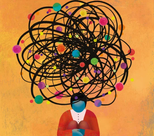 An illustration of a figure below a flurry of busy thoughts