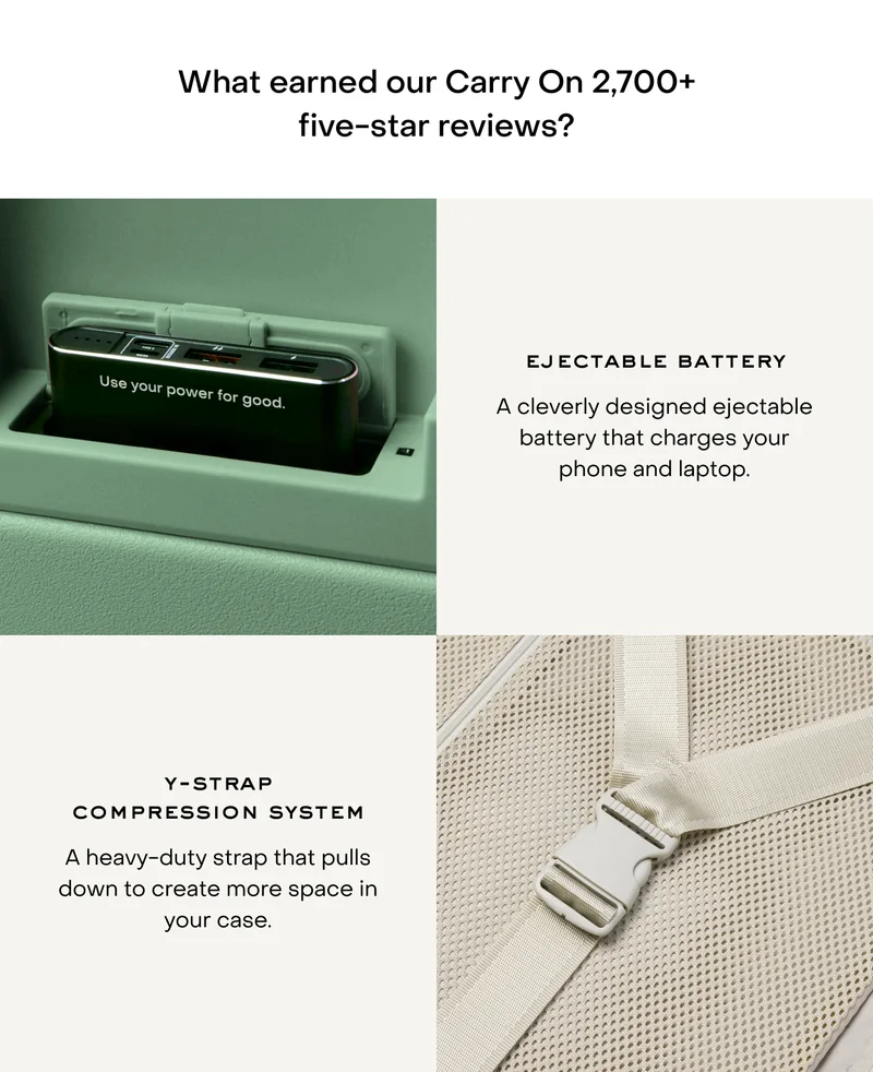 What earned our Carry On 2,700+ five-star reviews? A cleverly designed ejectable battery that charges your phone and laptop. A heavy-duty strap that pulls down to create more space in your case.