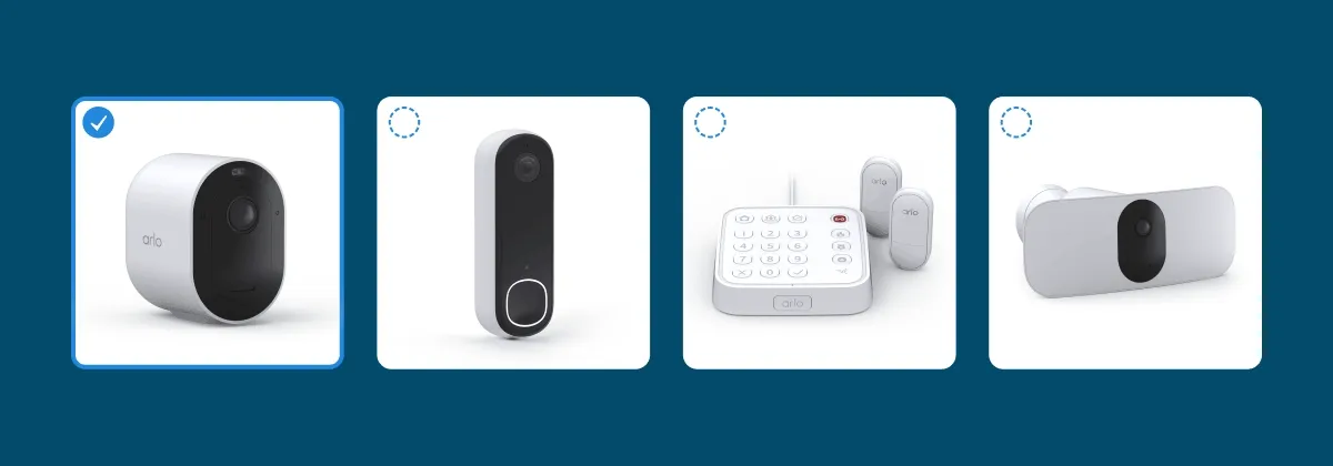 Various Arlo home security products being selected, simulating a person's experience of building their own bundle.