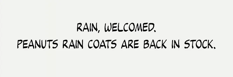 Rain, welcomed. Peanuts rain coats are back in stock.