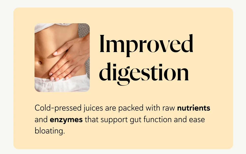 Improved digestion – cold-pressed juices are packed with raw nutrients and enzymes that support gut function and ease bloating