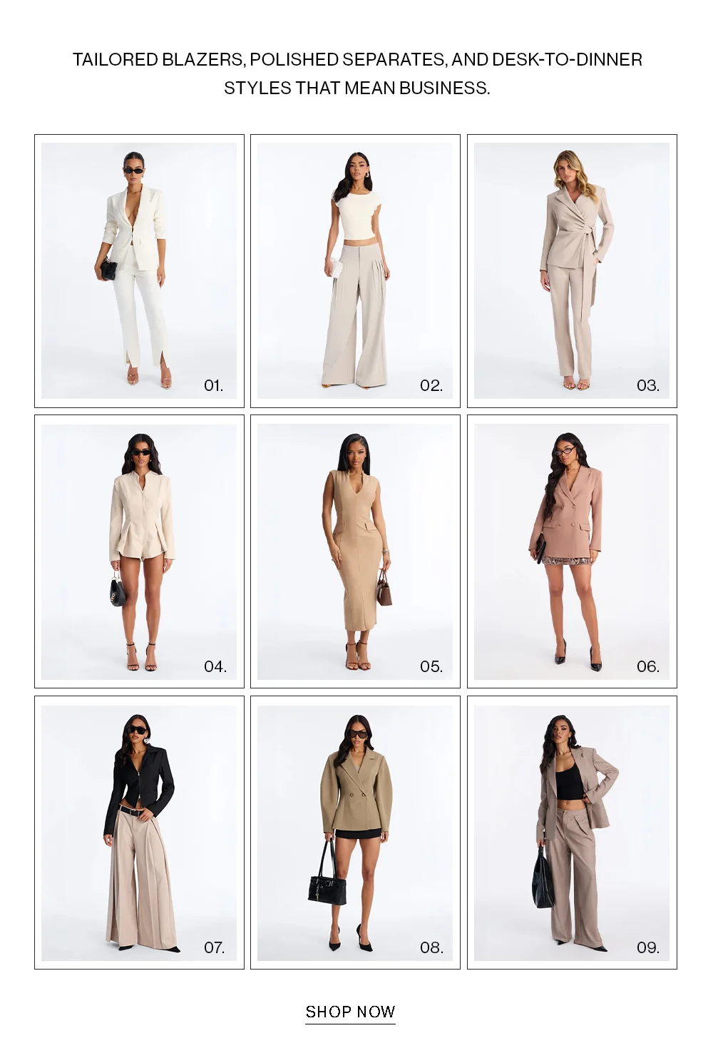 Tailored blazers, polished separates, & desk-to-dinner styles for women. Business fashion in neutral colors.