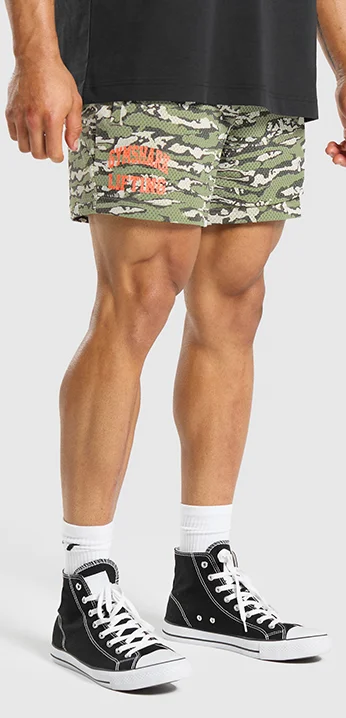 PRINTED LIFTING MESH 5'' SHORTS - NATURAL SAGE GREEN.