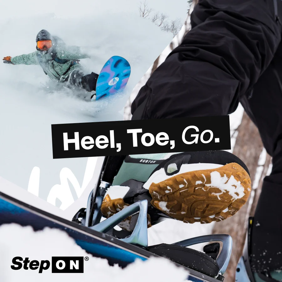 Close-up shot of a Burton Step On Boot clicking into a Step On Binding in the snow, with the text 'Heel, Toe, Go'