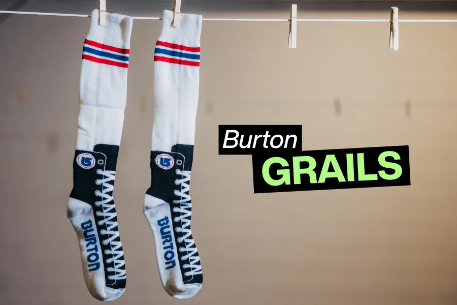 Old-school Burton socks handing from a clothes line with the text Burton Grails