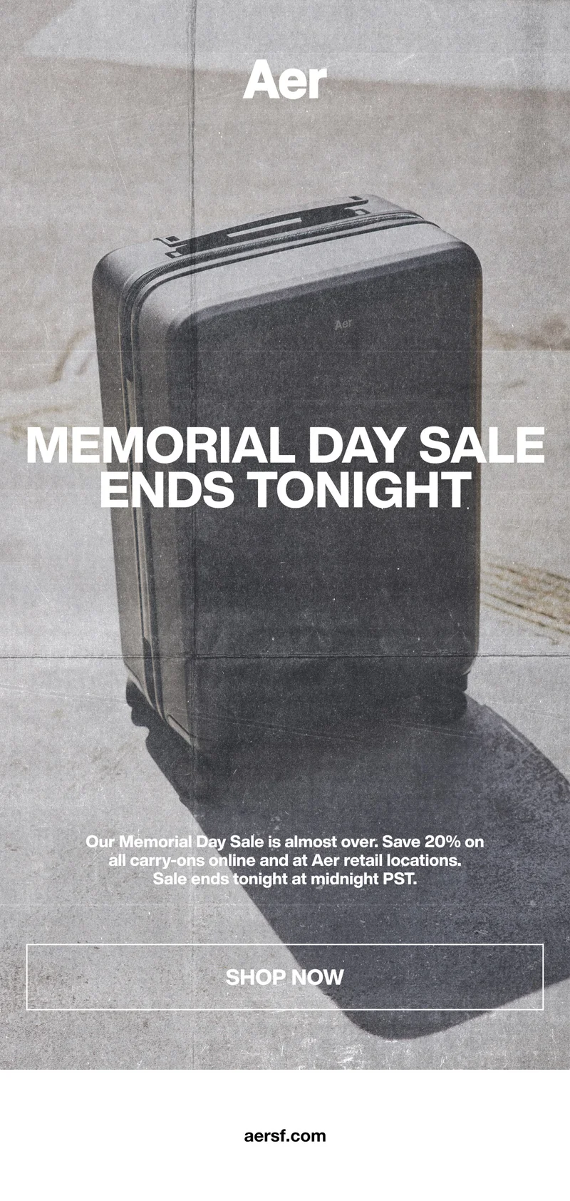 Aer Memorial Day Sale ends tonight. 20% off all Carry-Ons.