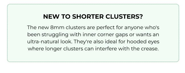 Informational card titled “New to Shorter Clusters?” explaining benefits of the 8mm clusters