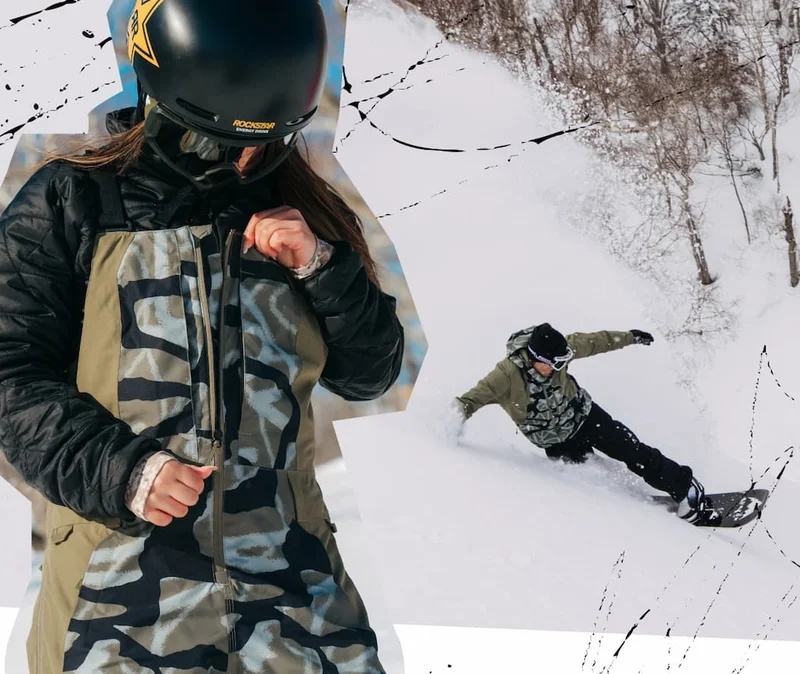 Background image of a male snowboarder riding powder wearing the Burton Reserve Jacket in the Graffiti Camo print. Overlay image of a female rider wearing the Burton Reserve Bib Pant in the Graffiti Camo print.