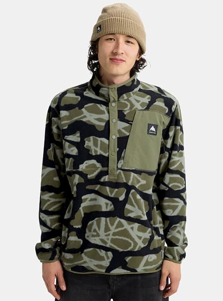 Model wearing the Men's Burton Cinder Fleece Pullover in the Graffiti Camo print