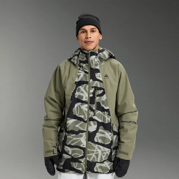 Gif of a male model wearing the Burton Reserve 2L Insulated Jacket in the Graffiti Camo print