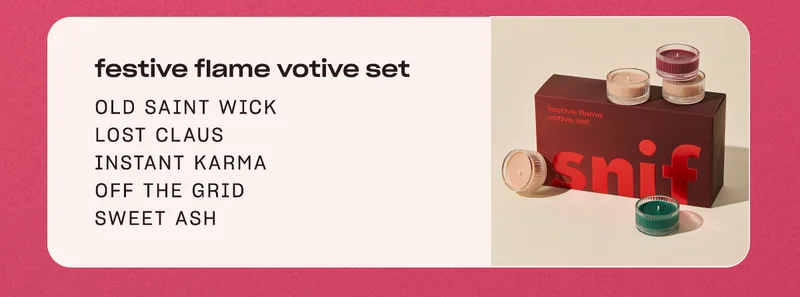 festive flame votive set Old Saint Wick Lost Claus Instant Karma Off the Grid Sweet Ash