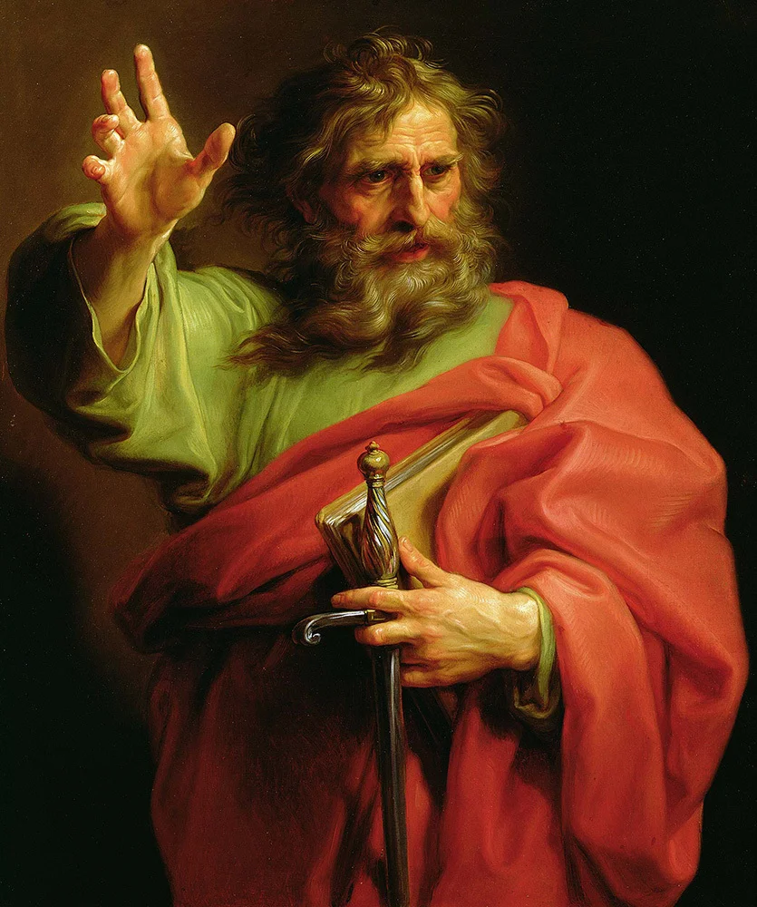 Saint Paul, a founding figure of the Christian Church, is pictured with a book and the sword he was martyred by in this oil painting by Batoni