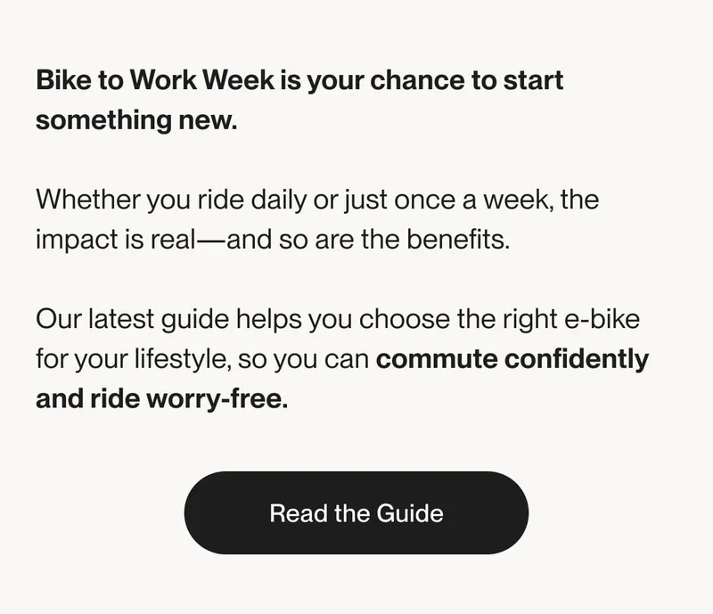 Message encouraging riders to choose the right e-bike for their lifestyle during Bike to Work Week, with button to read the guide