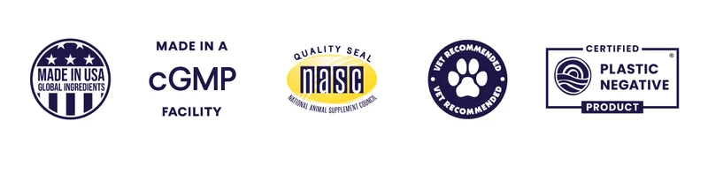 Row of badges –&nbsp;Made in the USA, made in a cGMP facility, NASC quality seal, vet recommended, and certified plastic negative
