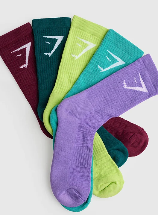 CREW SOCKS 5PK. Plum/Teal/Green/Capri Blue/Grape.