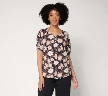 AnyBody Cozy Knit Jersey Printed Puff Sleeve Top