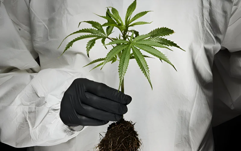 A man in a white protective suit holds a cannabis plant while wearing a black glove.