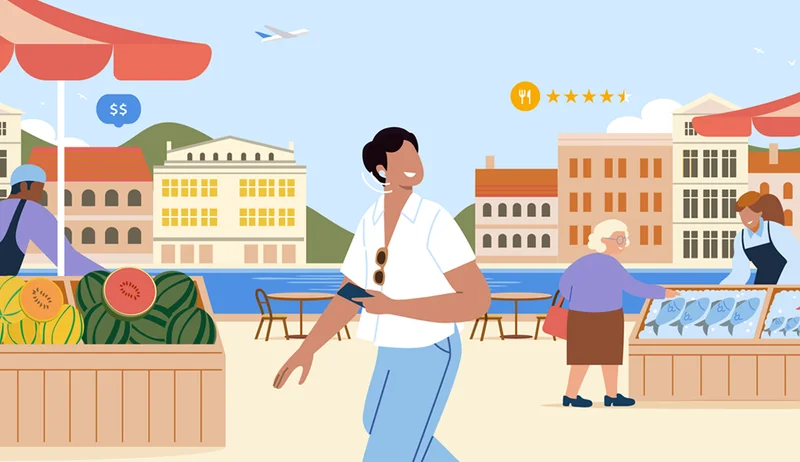 Man using a smartphone in a waterfront market with floating digital icons and colorful canal buildings.