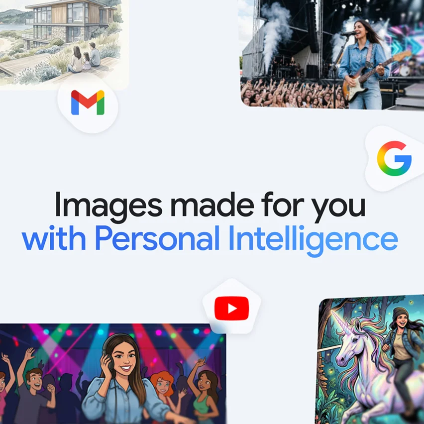 Graphic with the text 'Images made for you with Personal Intelligence' surrounded by various illustrations and Google app icons.