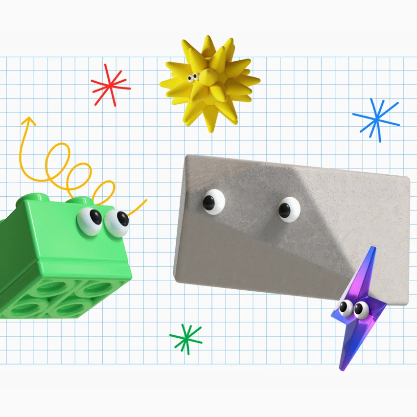 Playful 3D characters with googly eyes on a blue grid background with doodles.