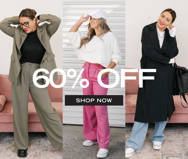3 models wearing blazer, smart pants and trench coat with text '60% off'