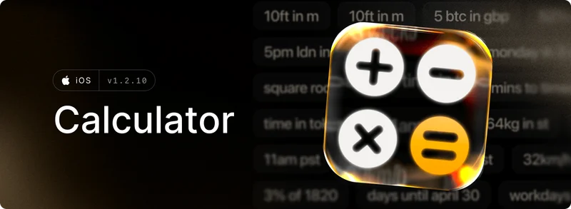 A glowing calculator icon with plus, minus, multiply, and equals buttons is shown against a dark background with text about iOS and version 1.2