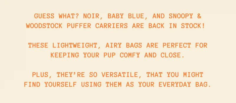 Guess what? Noir, Baby Blue, and Snoopy & Woodstock puffer carriers are back in stock!