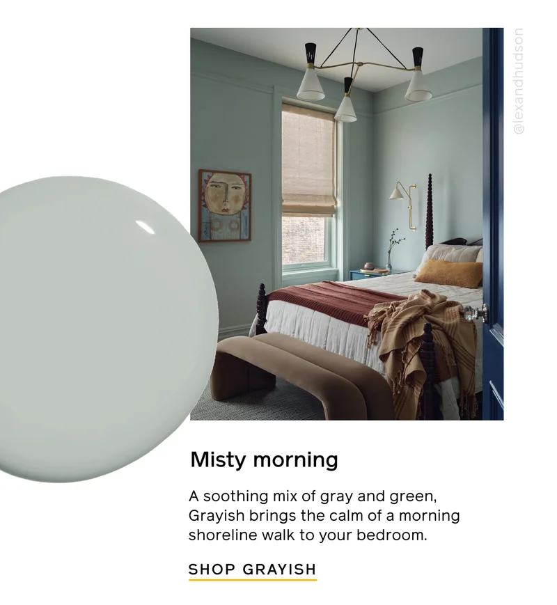 Misty morning. A soothing mix of gray and green, Grayish bring the calm of a morning shoreline walk to your bedroom. SHOP GRAYISH