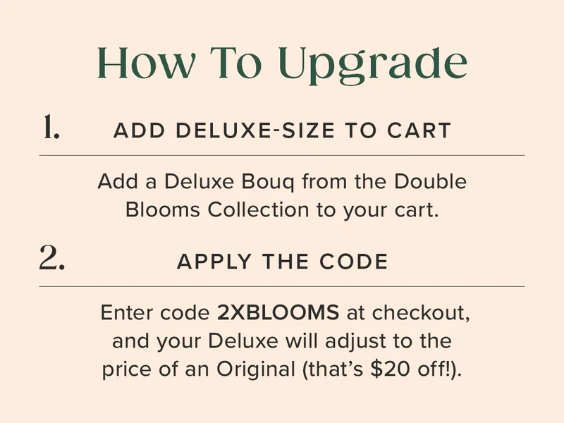 How To Upgrade: 1. ADD DELUXE-SIZE TO CART 2. APPLY THE CODE 2XBLOOMS (Your Deluxe size Bouq will adjust to the price of an Original --that's $20 off!)