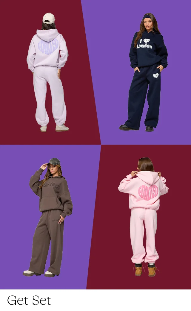 Women wearing pale purple, navy blue, brown and pale pink sweatshirt and sweatpants sets.
