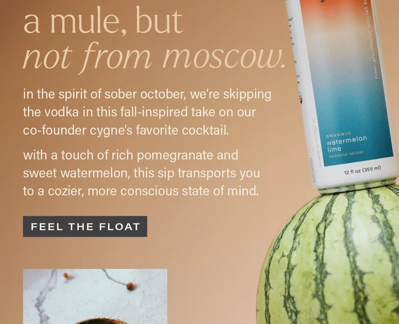 A MULE, BUT NOT FROM MOSCOW. in the spirit of sober october, we're skipping the vodka in this fall-inspired take on our co-founder cygne's favorite cocktail. with a touch of rich pomegranate and sweet watermelon, this sip transports you to a cozier, more conscious state of mind. [FEEL THE FLOAT]