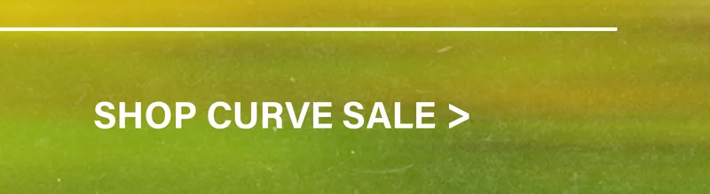 Vibrant green and yellow gradient background with a white horizontal line above. Bold white text "SHOP CURVE SALE >" prompts users to discover exclusive discounts.