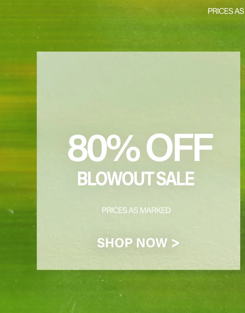 Green & yellow background with translucent box showing "80% OFF BLOWOUT SALE." Shop now for incredible discounts and savings!