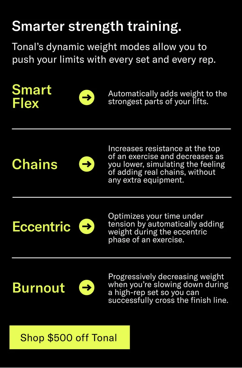 Headline: Smarter strength training. Body: Tonal’s dynamic weight modes allow you to push your limits with every set and every rep. Smart Flex: Automatically adds weight to the strongest parts of your lifts. Chains: Increases resistance at the top of an exercise and decreases as you lower, simulating the feeling of adding real chains, without any extra equipment. Eccentric: Optimizes your time under tension by automatically adding weight during the eccentric phase of an exercise. Burnout: Progressively decreasing weight when you’re slowing down during a high-rep set so you can successfully cross the finish line. CTA: Shop $500 off Tonal