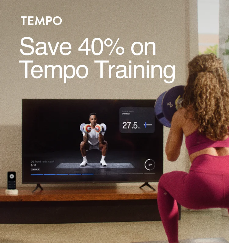 Image of a female training with a dumbbell and text on the image showing Tempo logo and saying: "Summer training savings"