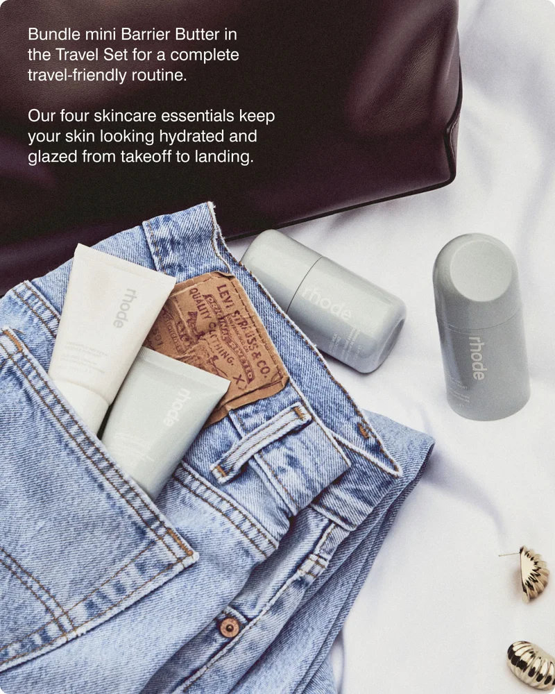Bundle mini Barrier Butter in the Travel Set for a complete travel-friendly routine.  Our four skincare essentials keep your skin looking hydrated and glazed from takeoff to landing.