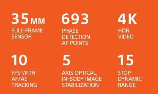 SPEC-HEAVY | 35MM FULL-FRAME SENSOR | 693 PHASE DETECTION AF POINTS | 4K HDR VIDEO | 10 FPS WITH AF/AE TRACKING | 5 AXIS-OPTICAL | IN_BODY IMAGE STABILIZATION | 15 STOP DYNAMIC RANGE