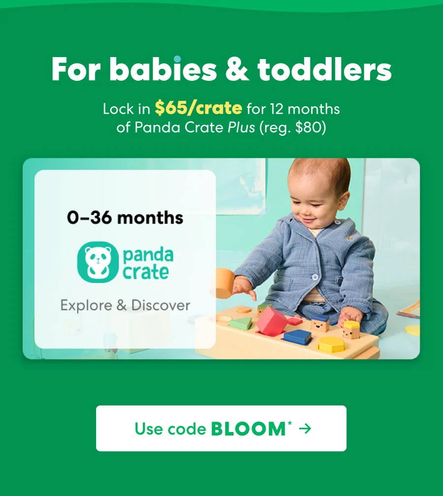 Baby playing with a KiwiCo Panda Crate toy. Designed for ages 0–36 months to explore and discover.