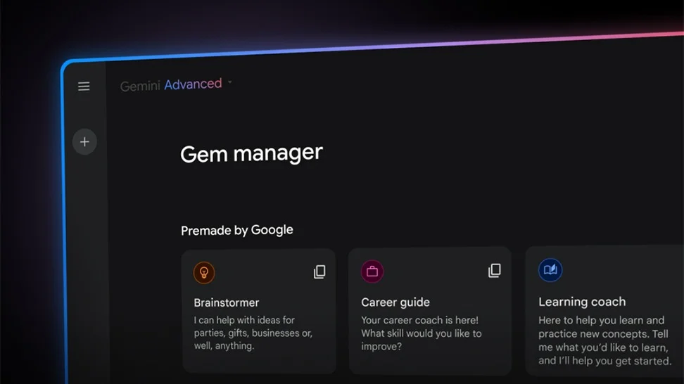 A black screen with a neon pink and purple outline indicating the corner of a laptop. At the top of the screen in the left-hand corner it reads “Gem Manager.”