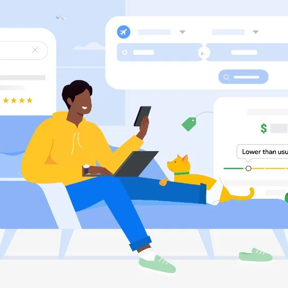 Illustration of a person sitting on a couch with a cat. The person is looking at their phone and using a laptop, and abstract pricing icons are above them.