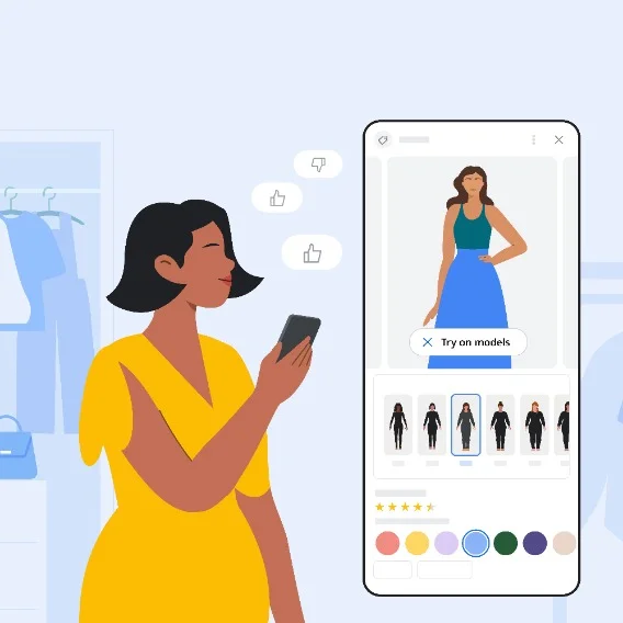 Illustration of a woman in a yellow dress holding a smartphone. Next to her is a smartphone display screen showing another woman in a blue dress. There are smaller icons of models in dresses below this woman that are options for the woman in the yellow dress using the phone to select.